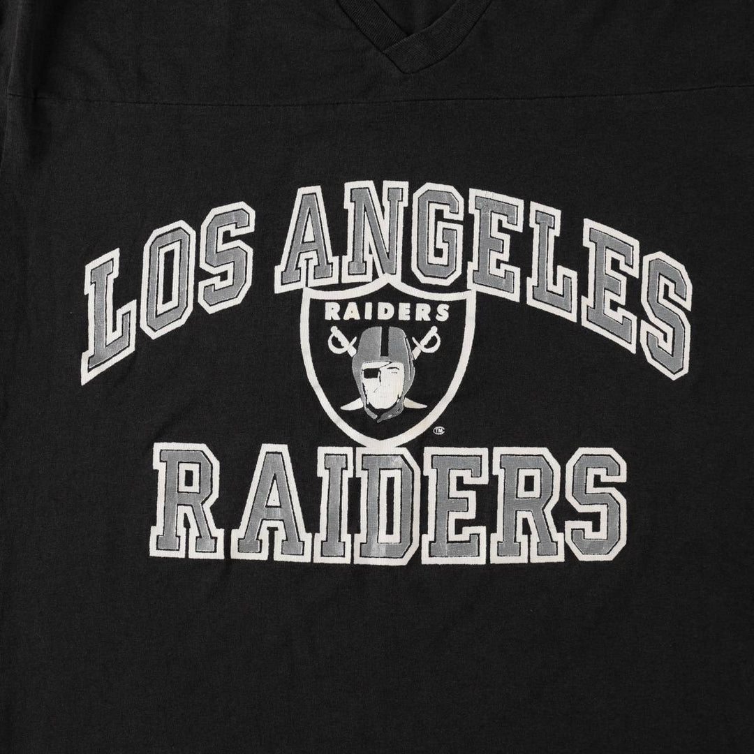 80'S LOGO 7 NFL Los Angeles Raiders V-neck Football 3/4 Sleeve T-shirt, Made in USA, Men's XL equivalent, Vintage cotton black type Vintage Second Hand