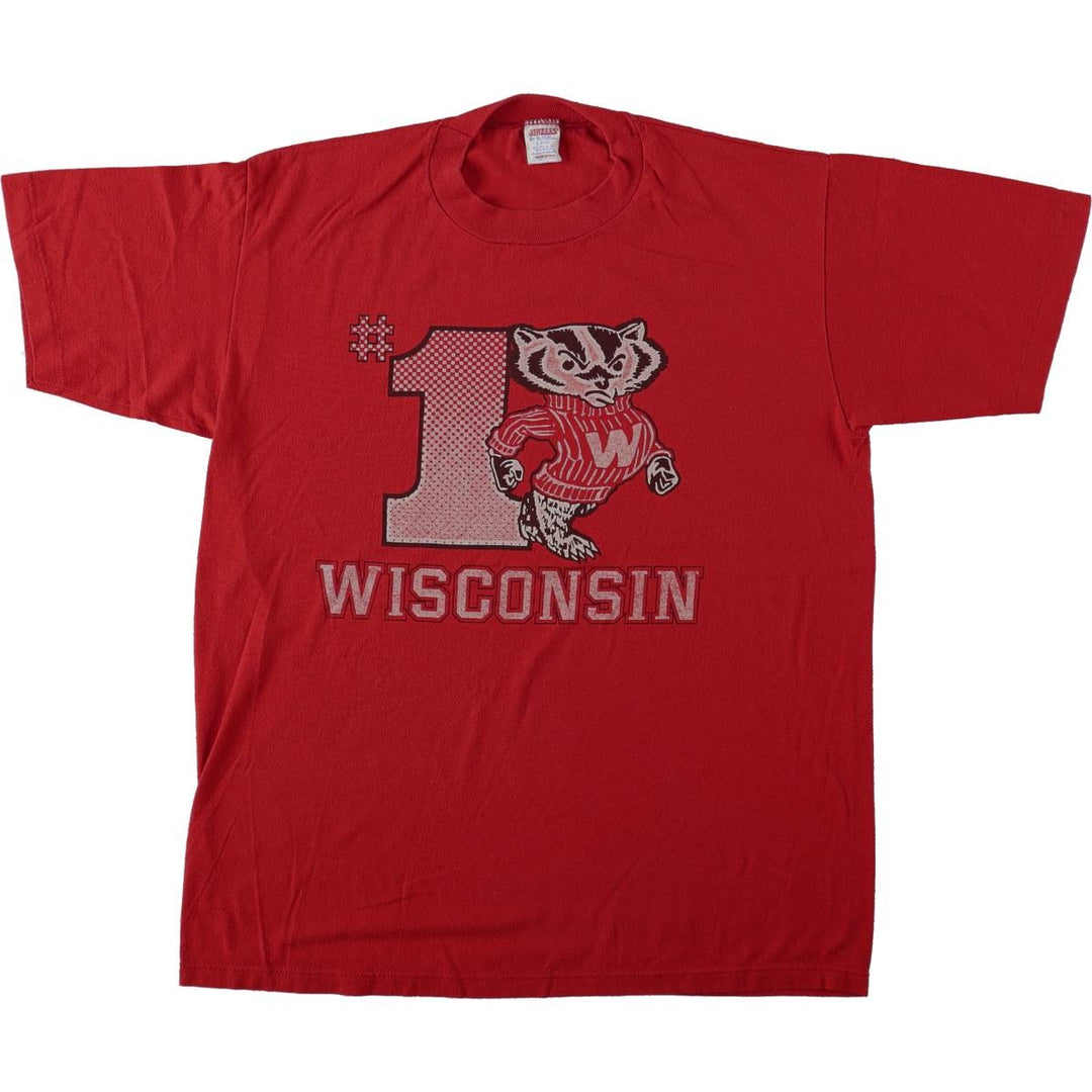 1980'S Jerzees Wisconsin University of Wisconsin College T-shirt, Made in USA, Men's Size L (approx.), Vintage polyester red type Vintage Second Hand
