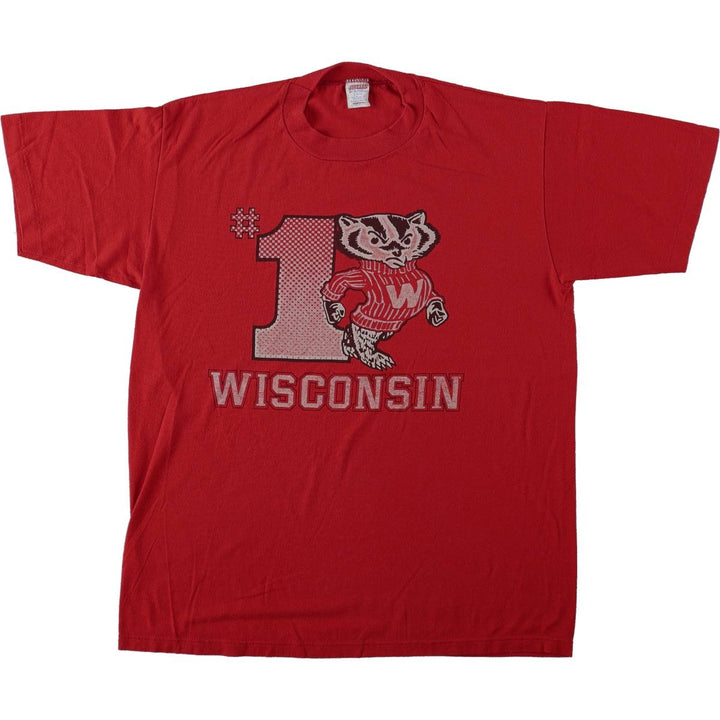 1980'S Jerzees Wisconsin University of Wisconsin College T-shirt, Made in USA, Men's Size L (approx.), Vintage polyester red type Vintage Second Hand