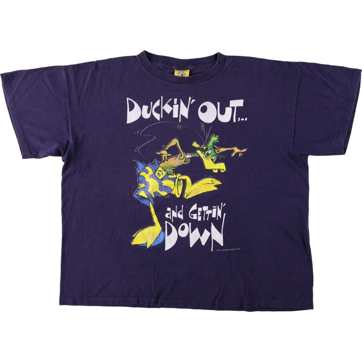 90'S Duck Head anime character print T-shirt, made in USA, men's size XL equivalent, vintage. cotton navy blue type Vintage Second Hand