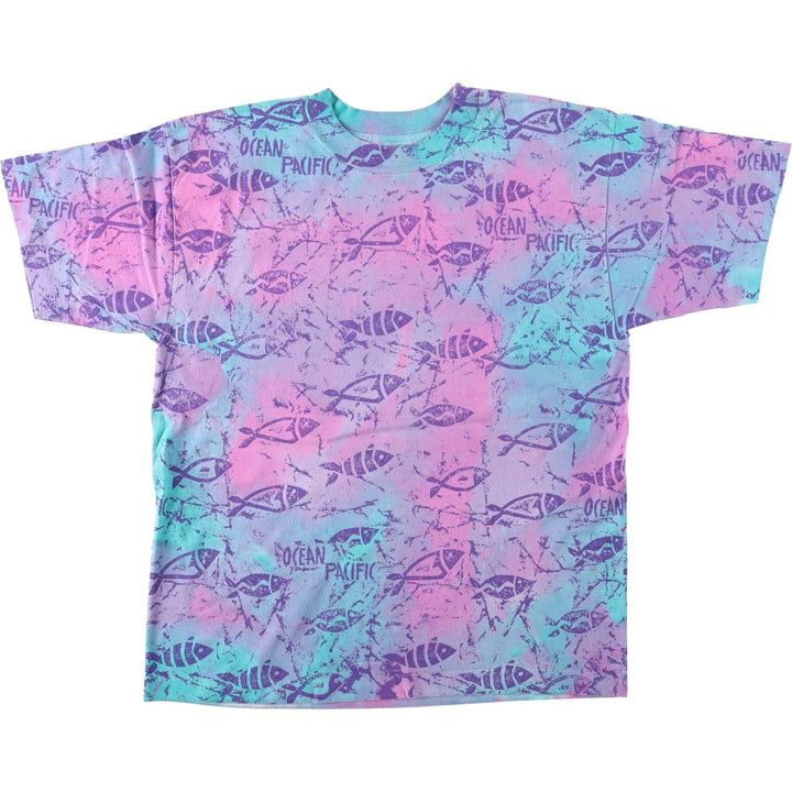 90'S Ocean Pacific surf all-over print skate t-shirt, men's size L equivalent, vintage. unclear green type Vintage Second Hand