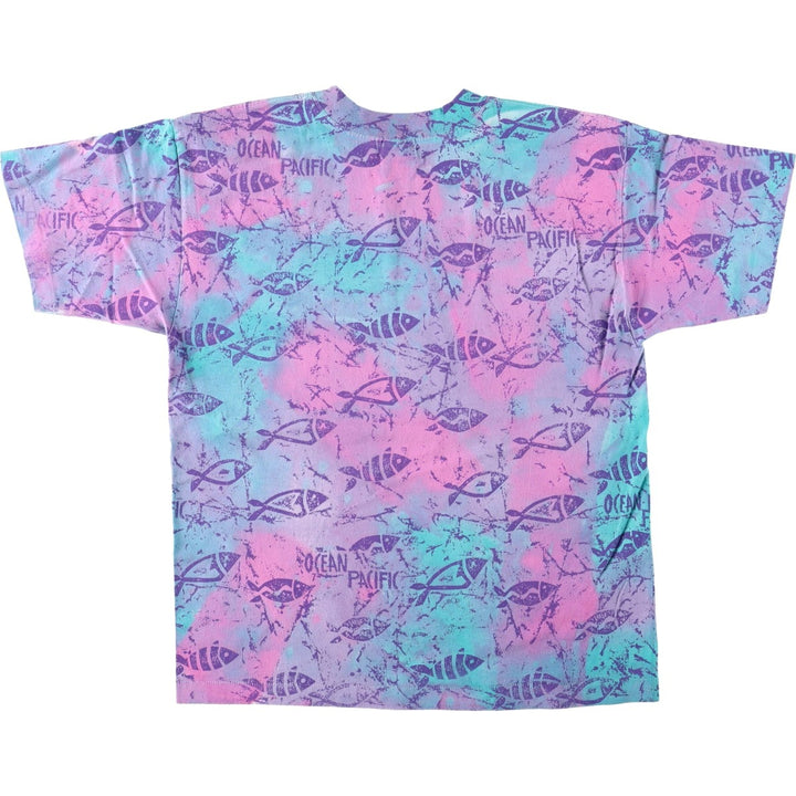 90'S Ocean Pacific surf all-over print skate t-shirt, men's size L equivalent, vintage. unclear green type Vintage Second Hand