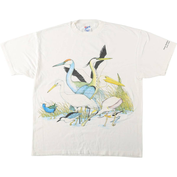 90'S Hanes BEEFY-T Animal Pattern Heron T-Shirt, Made in USA, Men's XL equivalent, Vintage, Single Stitch cotton white type Vintage Second Hand