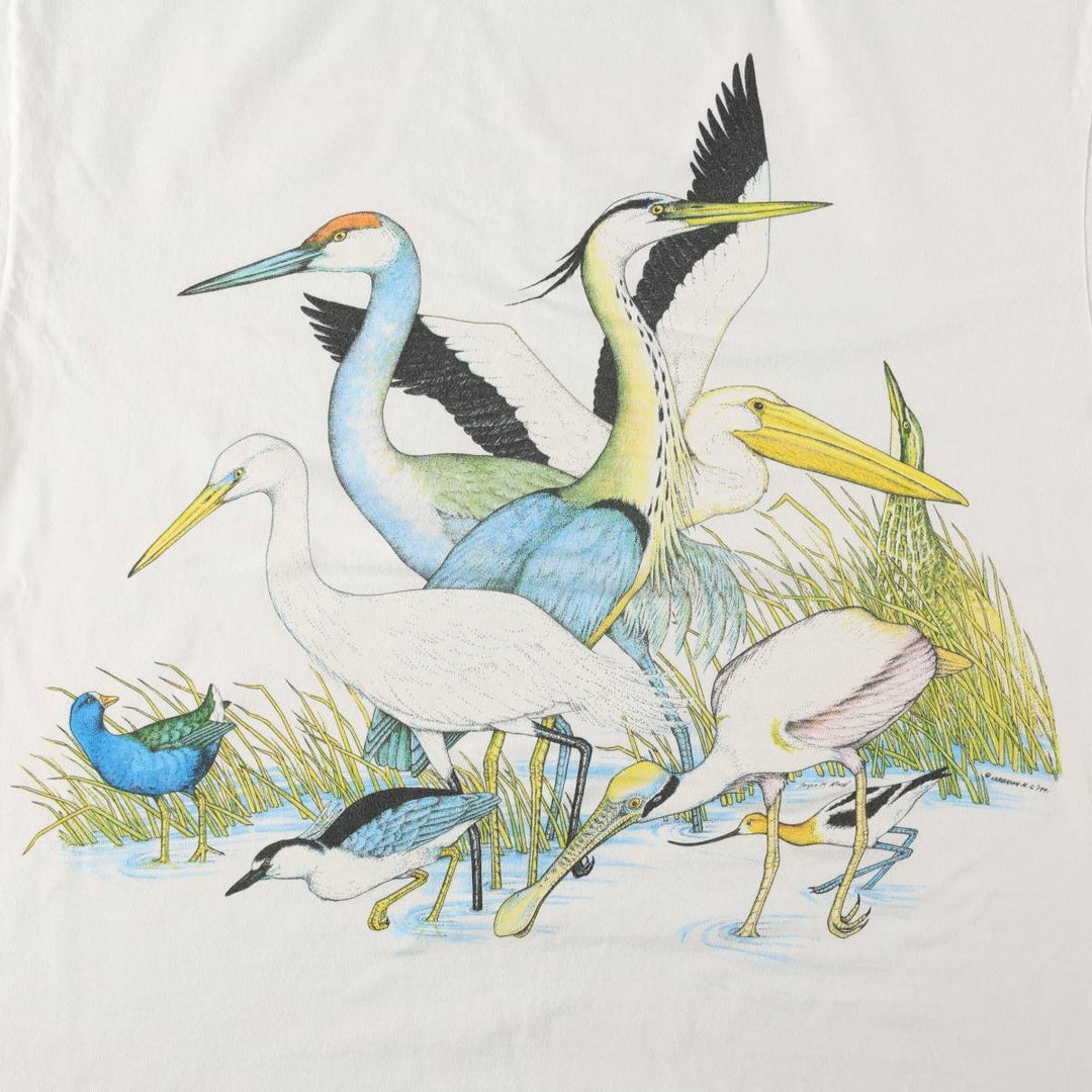 90'S Hanes BEEFY-T Animal Pattern Heron T-Shirt, Made in USA, Men's XL equivalent, Vintage, Single Stitch cotton white type Vintage Second Hand
