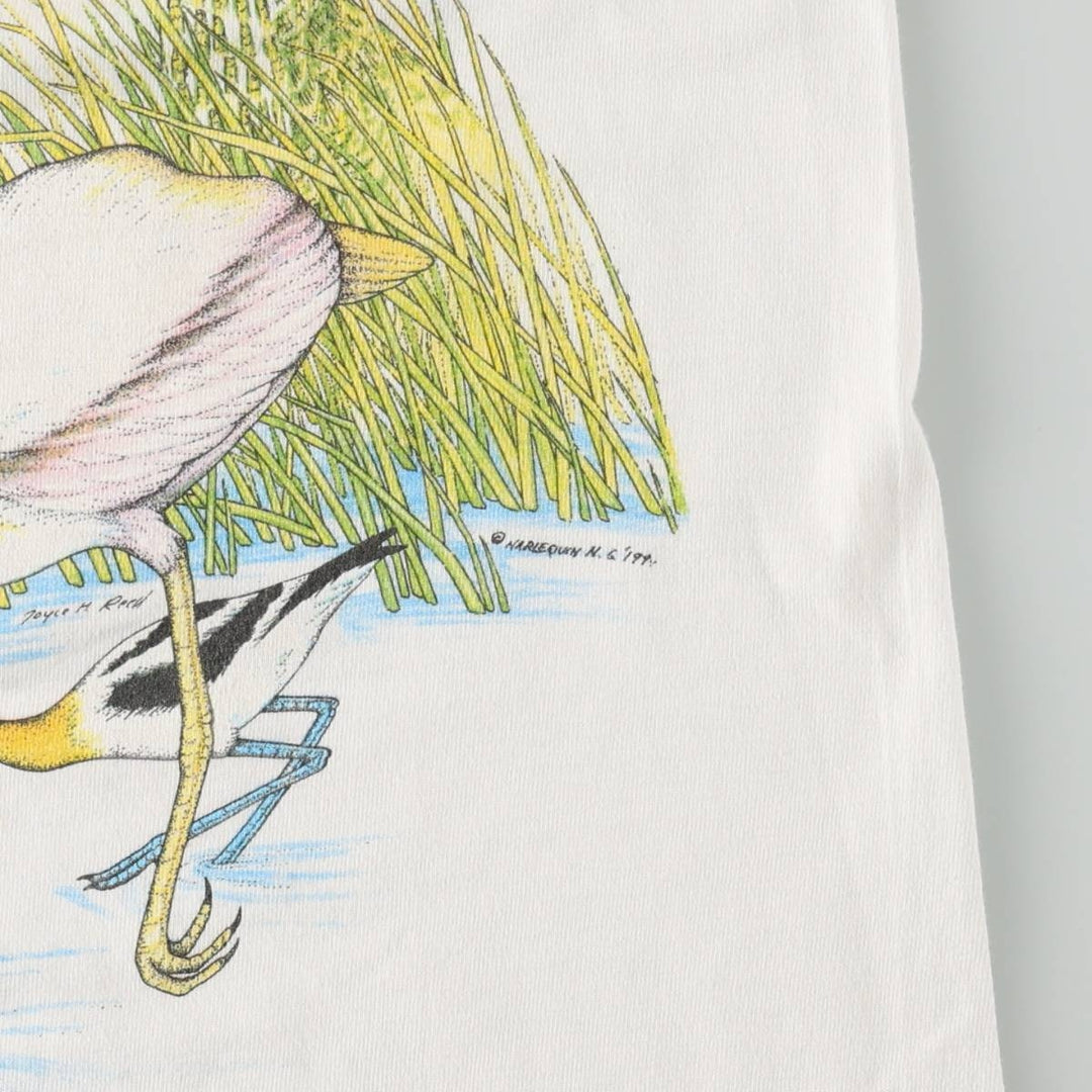 90'S Hanes BEEFY-T Animal Pattern Heron T-Shirt, Made in USA, Men's XL equivalent, Vintage, Single Stitch cotton white type Vintage Second Hand