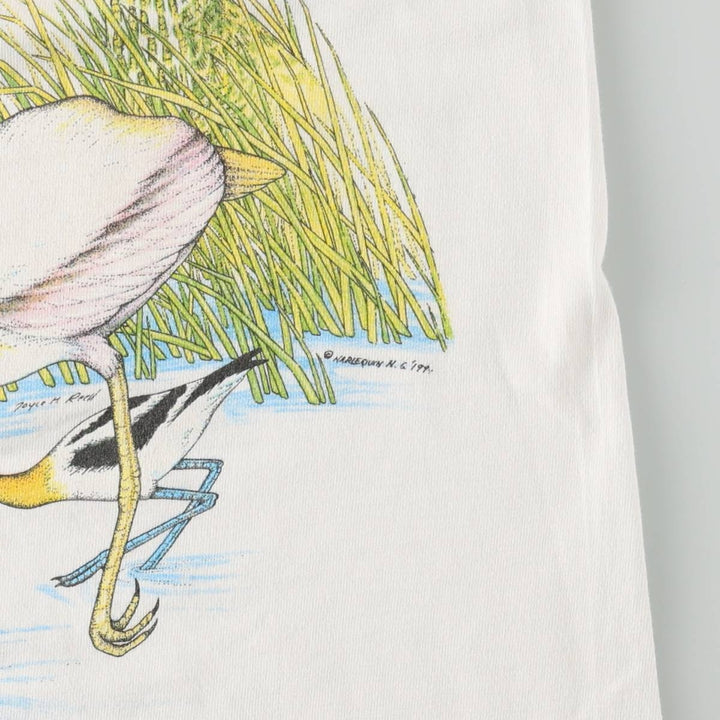 90'S Hanes BEEFY-T Animal Pattern Heron T-Shirt, Made in USA, Men's XL equivalent, Vintage, Single Stitch cotton white type Vintage Second Hand