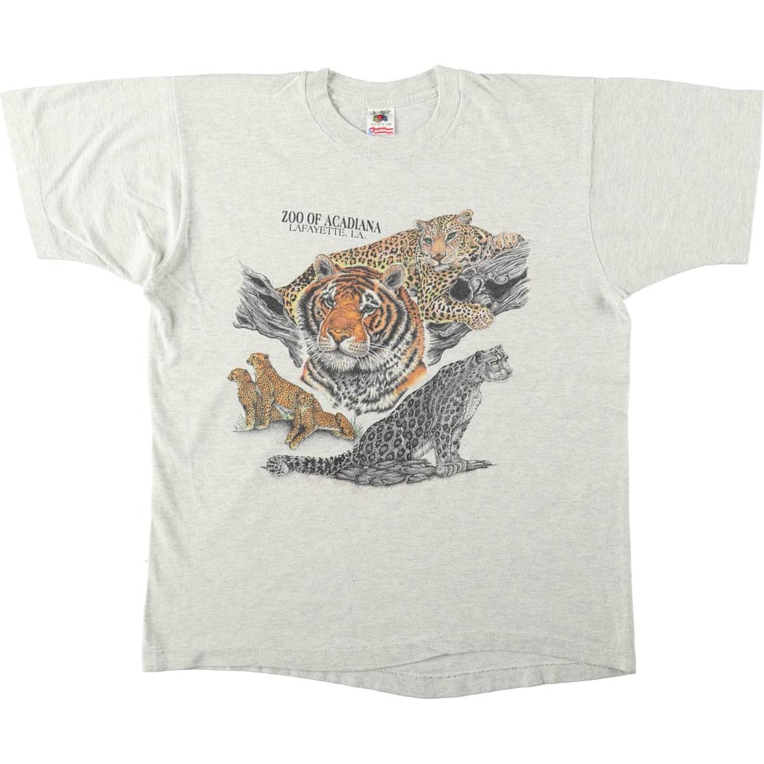 Fruit of the Loom Animal Pattern Tiger Pattern Animal T-Shirt, Made in USA, Men's Size L (Equivalent), Vintage cotton gray type Vintage Second Hand