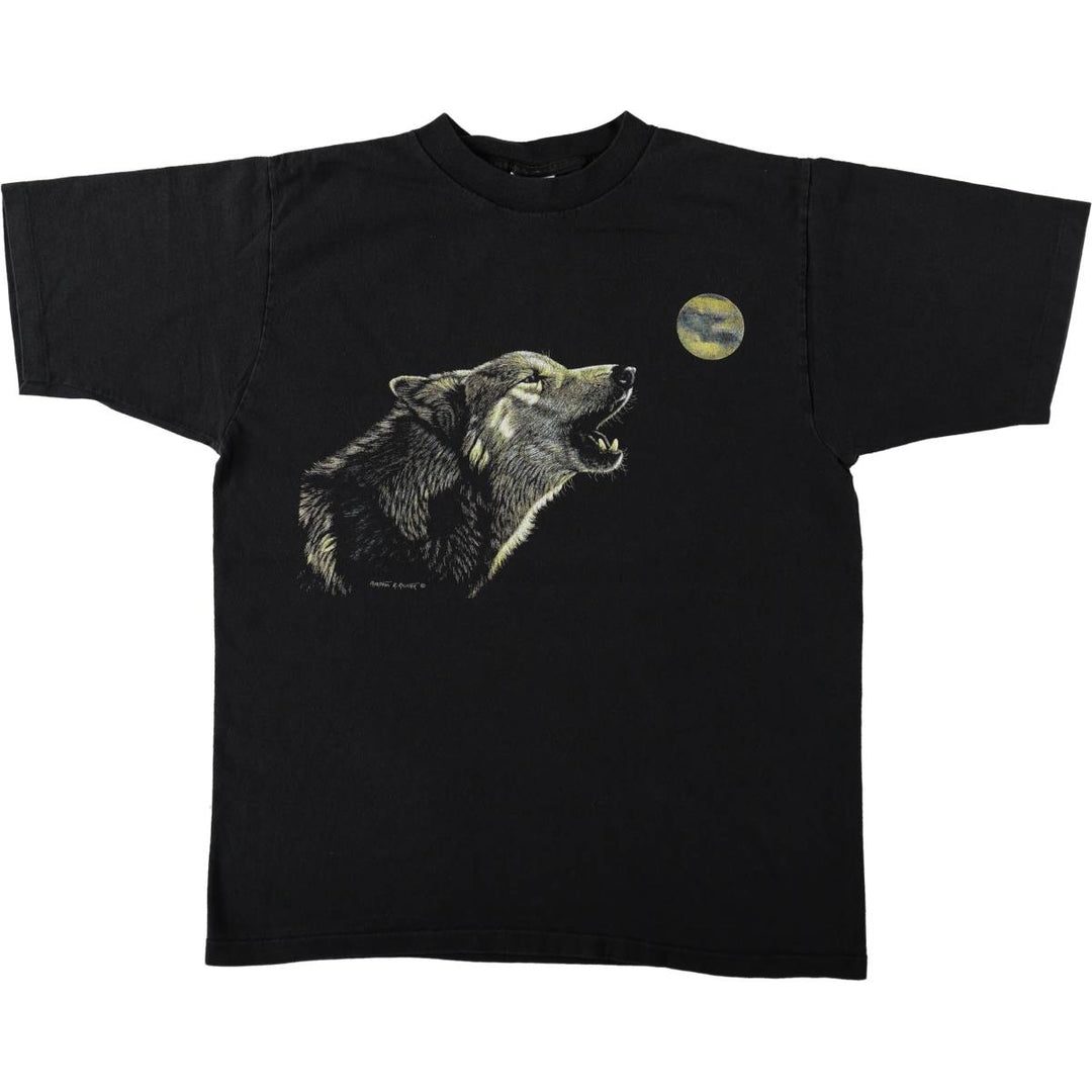 90'S All Sport PRO WEIGHT Animal Pattern Wolf T-Shirt, Made in USA, Men's Size L (approx.), Vintage cotton black type Vintage Second Hand