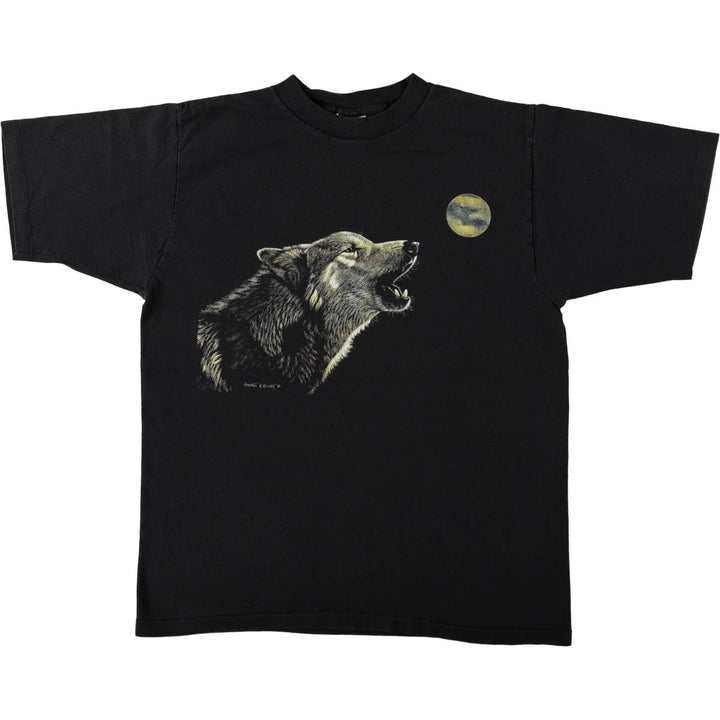 90'S All Sport PRO WEIGHT Animal Pattern Wolf T-Shirt, Made in USA, Men's Size L (approx.), Vintage cotton black type Vintage Second Hand