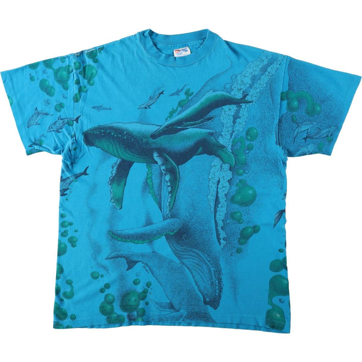90'S Hanes BEEFY-T Whale Pattern Dolphin Pattern All-Over Print Animal T-Shirt Made in USA Men's Size L (Equivalent) Vintage cotton turquoise blue Vintage Second Hand