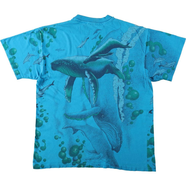 90'S Hanes BEEFY-T Whale Pattern Dolphin Pattern All-Over Print Animal T-Shirt Made in USA Men's Size L (Equivalent) Vintage cotton turquoise blue Vintage Second Hand