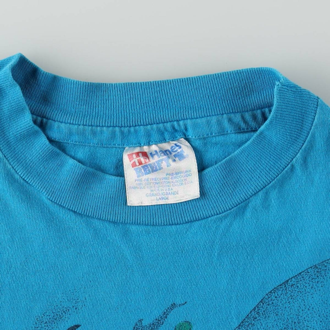 90'S Hanes BEEFY-T Whale Pattern Dolphin Pattern All-Over Print Animal T-Shirt Made in USA Men's Size L (Equivalent) Vintage cotton turquoise blue Vintage Second Hand