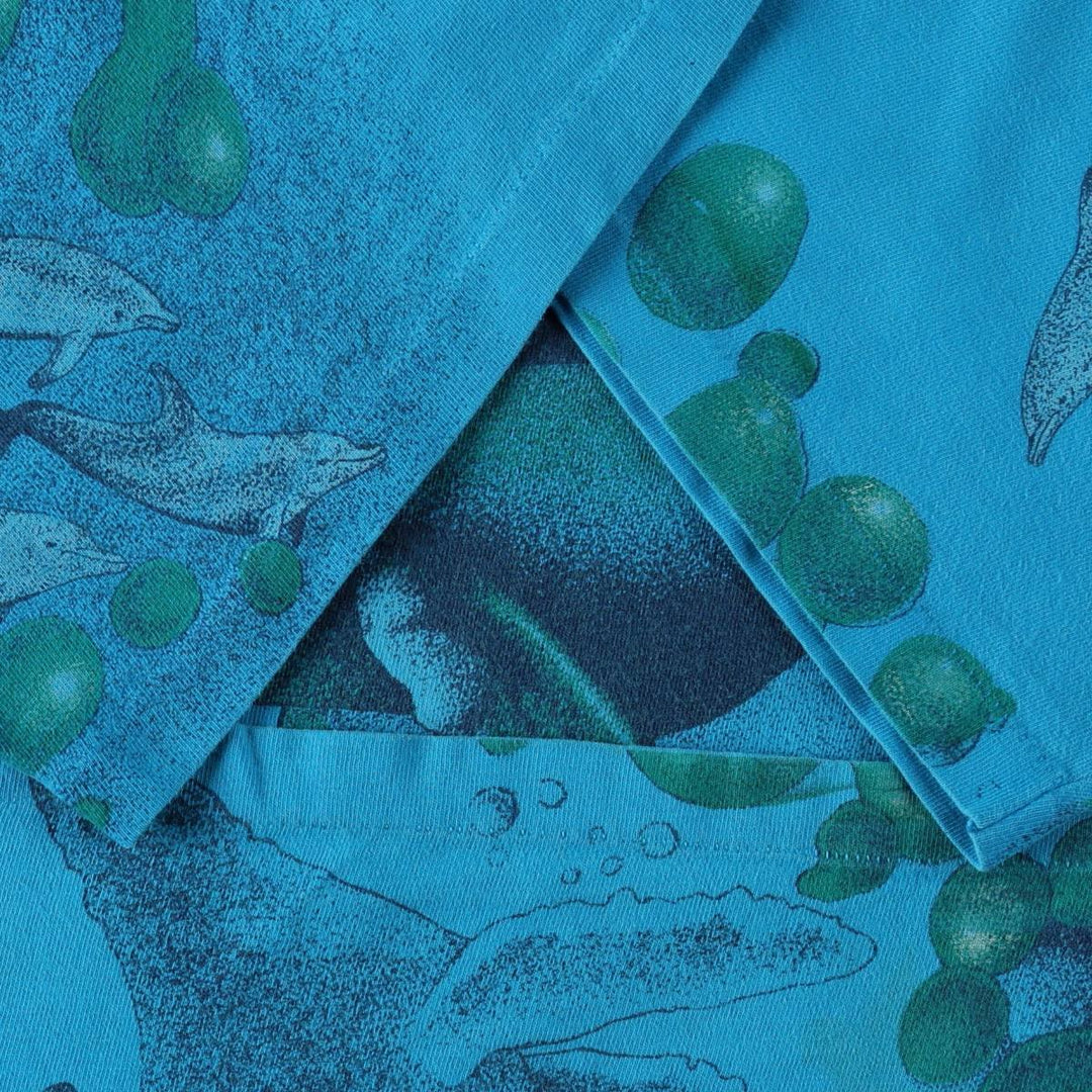 90'S Hanes BEEFY-T Whale Pattern Dolphin Pattern All-Over Print Animal T-Shirt Made in USA Men's Size L (Equivalent) Vintage cotton turquoise blue Vintage Second Hand