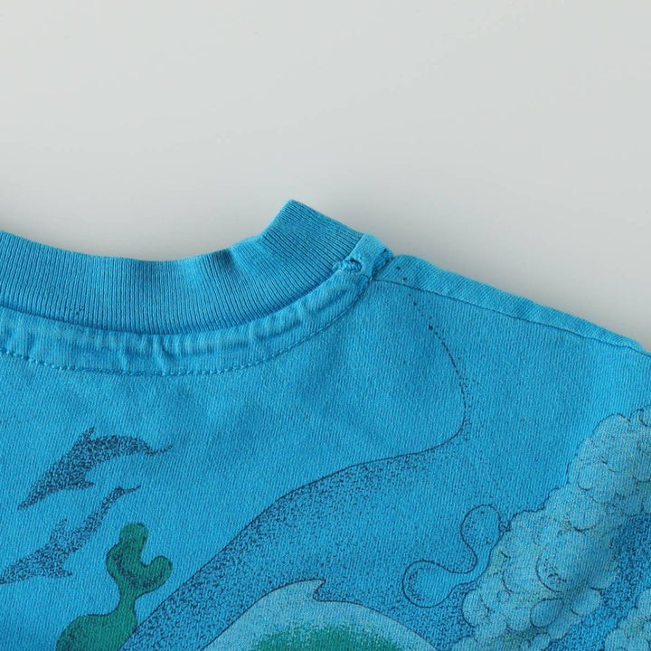 90'S Hanes BEEFY-T Whale Pattern Dolphin Pattern All-Over Print Animal T-Shirt Made in USA Men's Size L (Equivalent) Vintage cotton turquoise blue Vintage Second Hand