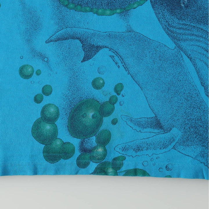 90'S Hanes BEEFY-T Whale Pattern Dolphin Pattern All-Over Print Animal T-Shirt Made in USA Men's Size L (Equivalent) Vintage cotton turquoise blue Vintage Second Hand