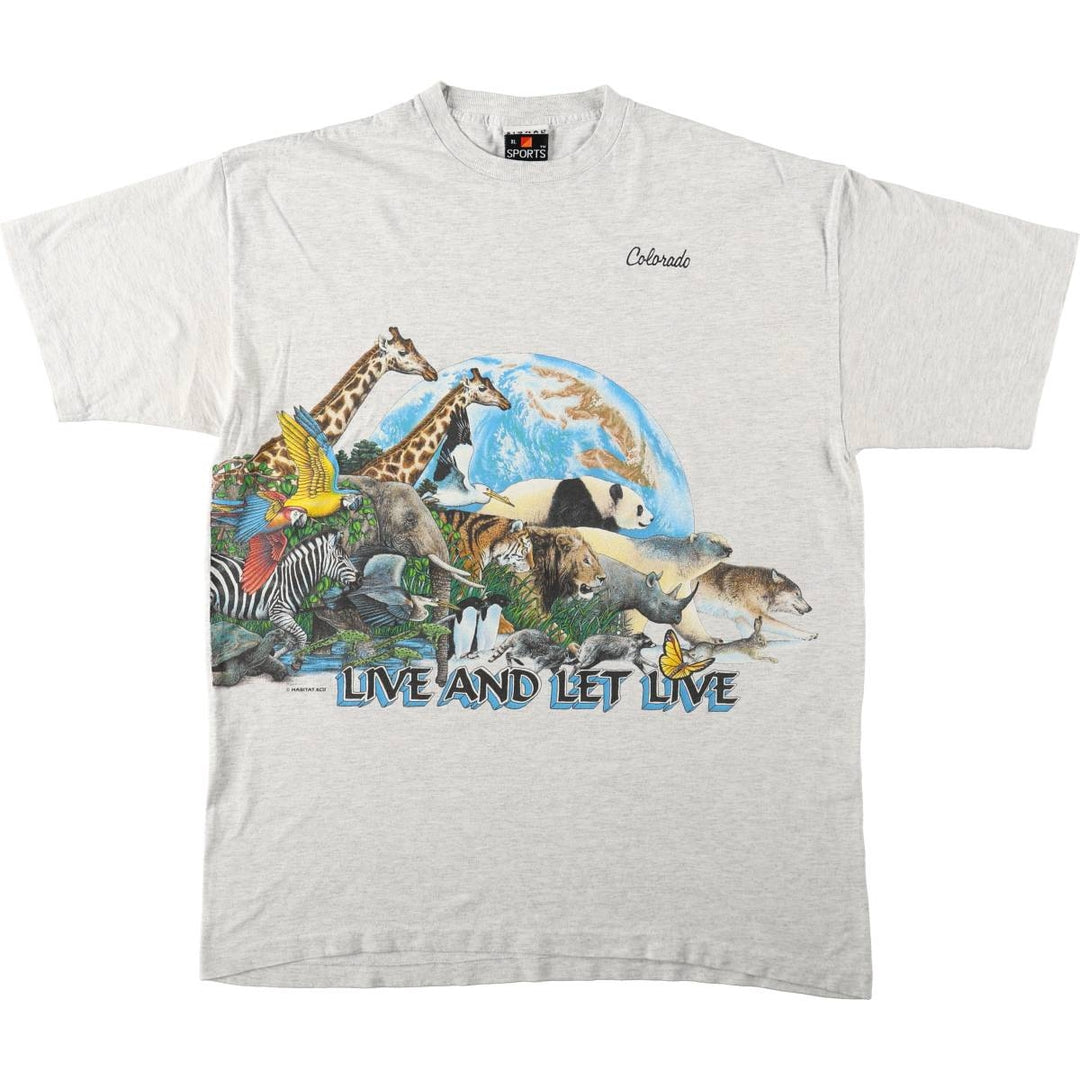 90'S Signal Sports Animal Pattern T-Shirt, Made in USA, Men's XL equivalent, Vintage cotton gray type Vintage Second Hand