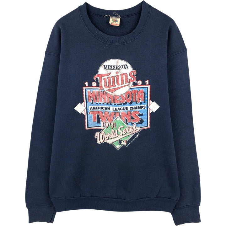 90'S Fruit of the Loom Minnesota Twins Print Sweatshirt, Made in USA, Men's XL equivalent, Vintage unclear navy blue type Vintage Second Hand