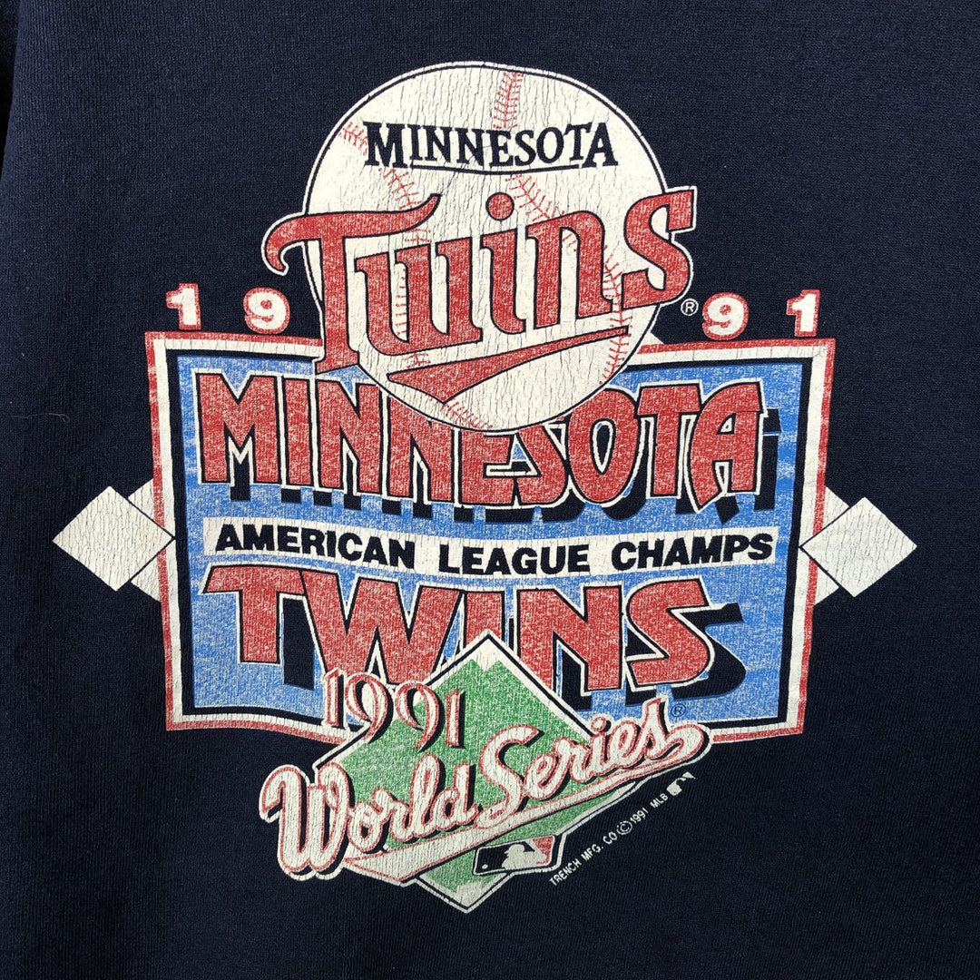 90'S Fruit of the Loom Minnesota Twins Print Sweatshirt, Made in USA, Men's XL equivalent, Vintage unclear navy blue type Vintage Second Hand