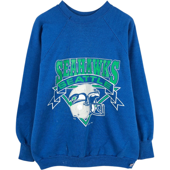 90'S LOGO7 Seattle Seahawks Print Sweatshirt, Made in USA, Men's XL equivalent, Vintage cotton blue type Vintage Second Hand