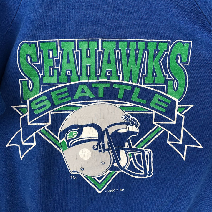 90'S LOGO7 Seattle Seahawks Print Sweatshirt, Made in USA, Men's XL equivalent, Vintage cotton blue type Vintage Second Hand
