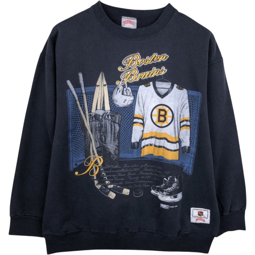 90'S NUTMEG NHL BOSTON BRUINS printed sweatshirt, made in Canada, men's size M equivalent. polyester black type Vintage Second Hand