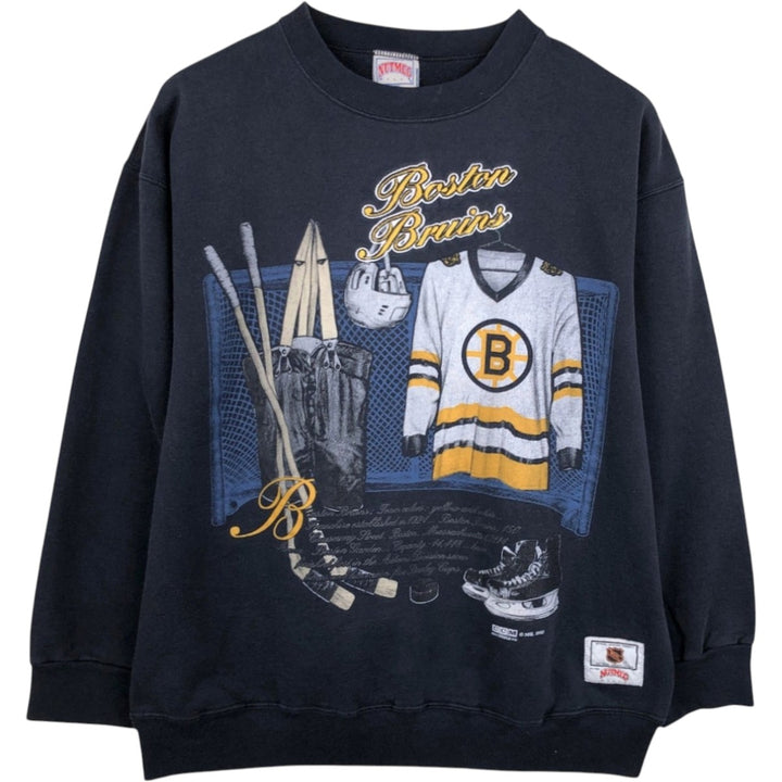 90'S NUTMEG NHL BOSTON BRUINS printed sweatshirt, made in Canada, men's size M equivalent. polyester black type Vintage Second Hand