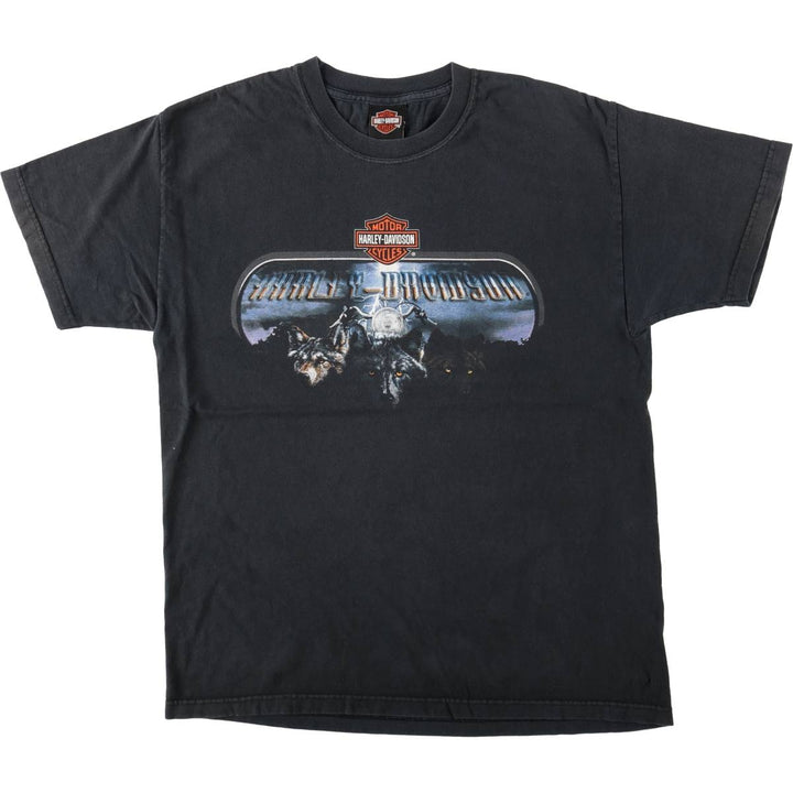 2000'S Harley-Davidson Wolf Pattern Motorcycle T-Shirt, Made in USA, Men's Size L (approx.), Faded cotton black type Vintage Second Hand