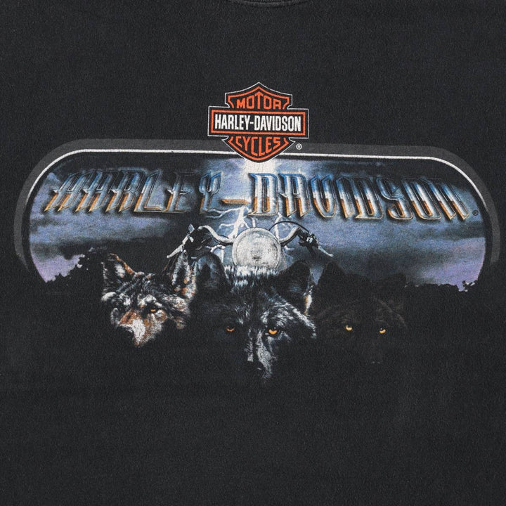 2000'S Harley-Davidson Wolf Pattern Motorcycle T-Shirt, Made in USA, Men's Size L (approx.), Faded cotton black type Vintage Second Hand
