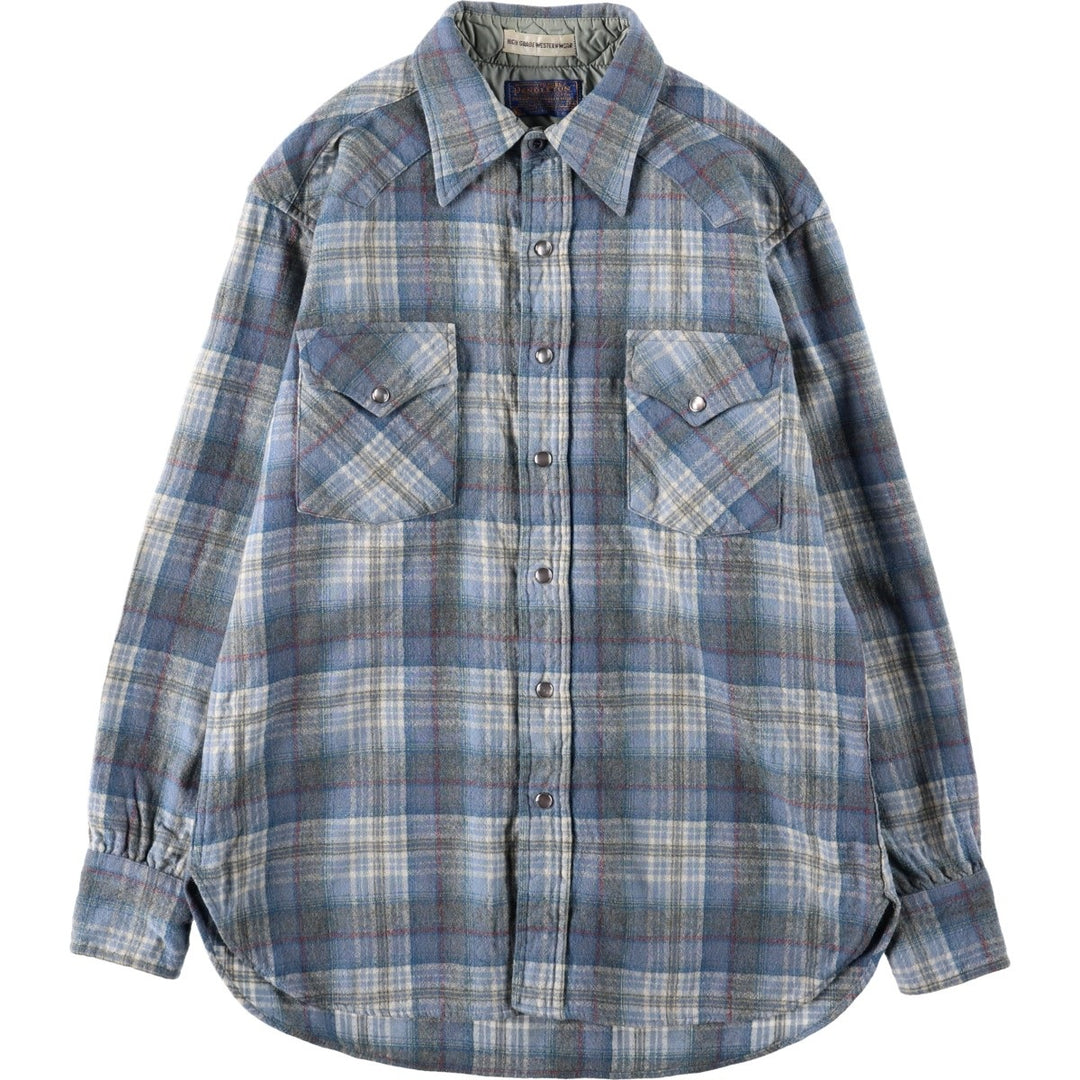 1970'S Pendleton High Grade Western Wear Check Pattern Long-Sleeve Wool Shirt, Made in USA, Women's Size M (Equivalent), Vintage wool Blue type light blue Vintage Second Hand