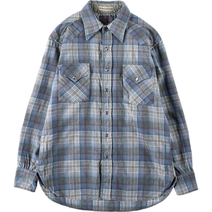 1970'S Pendleton High Grade Western Wear Check Pattern Long-Sleeve Wool Shirt, Made in USA, Women's Size M (Equivalent), Vintage wool Blue type light blue Vintage Second Hand