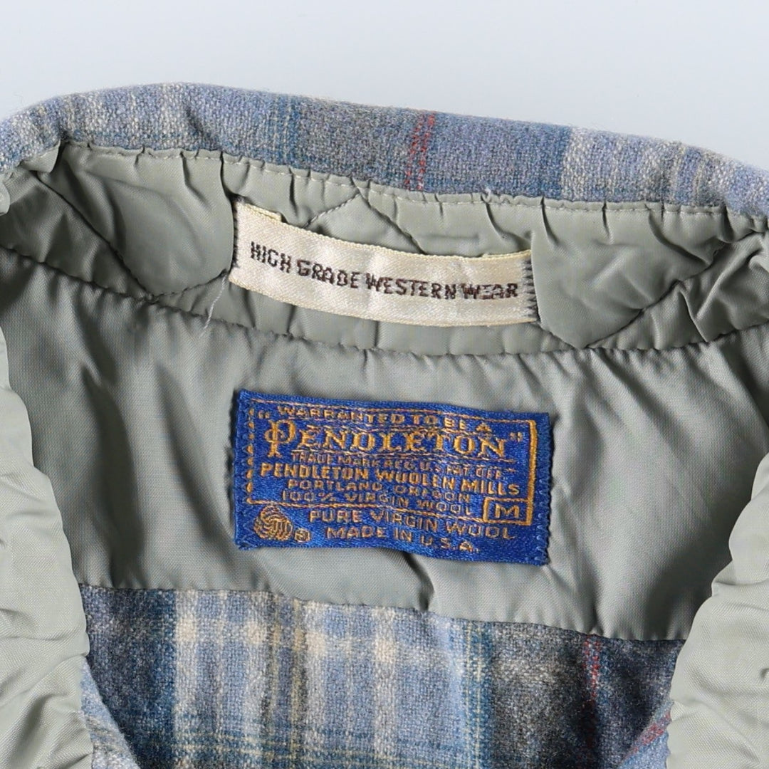 1970'S Pendleton High Grade Western Wear Check Pattern Long-Sleeve Wool Shirt, Made in USA, Women's Size M (Equivalent), Vintage wool Blue type light blue Vintage Second Hand