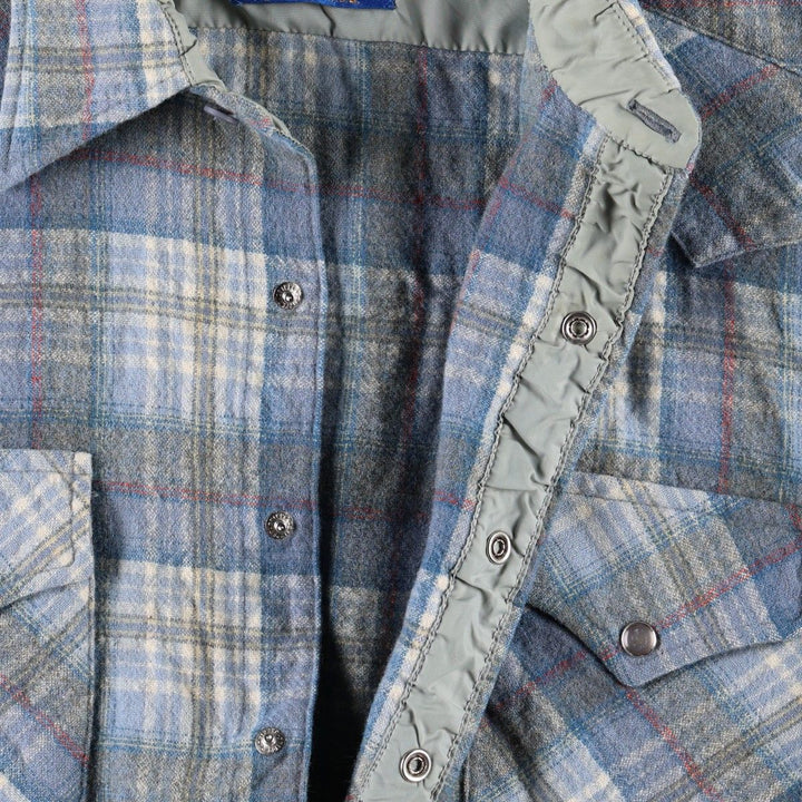 1970'S Pendleton High Grade Western Wear Check Pattern Long-Sleeve Wool Shirt, Made in USA, Women's Size M (Equivalent), Vintage wool Blue type light blue Vintage Second Hand
