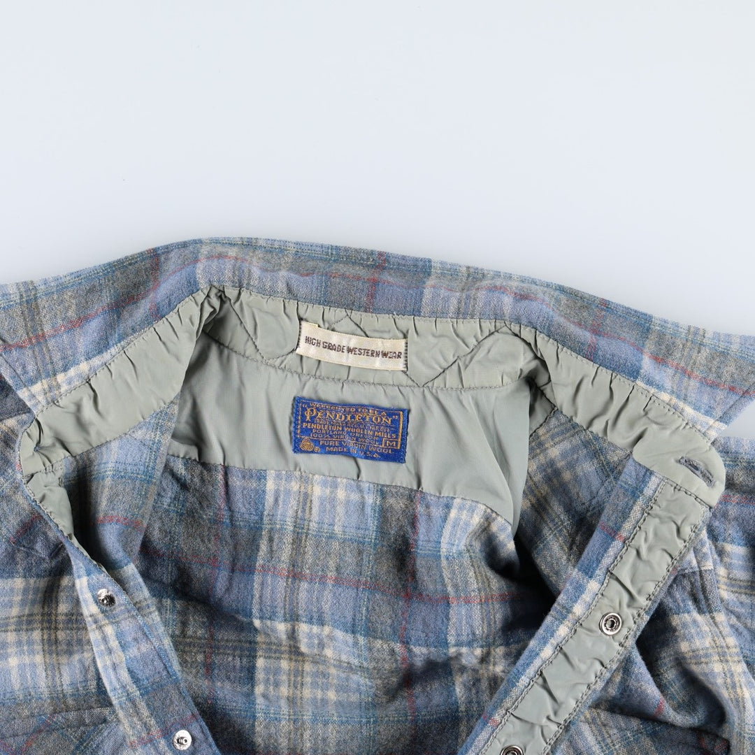 1970'S Pendleton High Grade Western Wear Check Pattern Long-Sleeve Wool Shirt, Made in USA, Women's Size M (Equivalent), Vintage wool Blue type light blue Vintage Second Hand