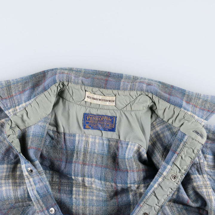 1970'S Pendleton High Grade Western Wear Check Pattern Long-Sleeve Wool Shirt, Made in USA, Women's Size M (Equivalent), Vintage wool Blue type light blue Vintage Second Hand