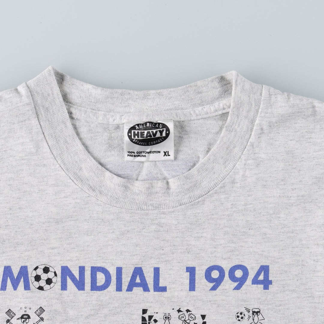 AMERICAN HEAVY MONDIAL 1994 Sports Print T-Shirt, Made in USA, Men's Size XL (equivalent) cotton gray type Vintage Second Hand