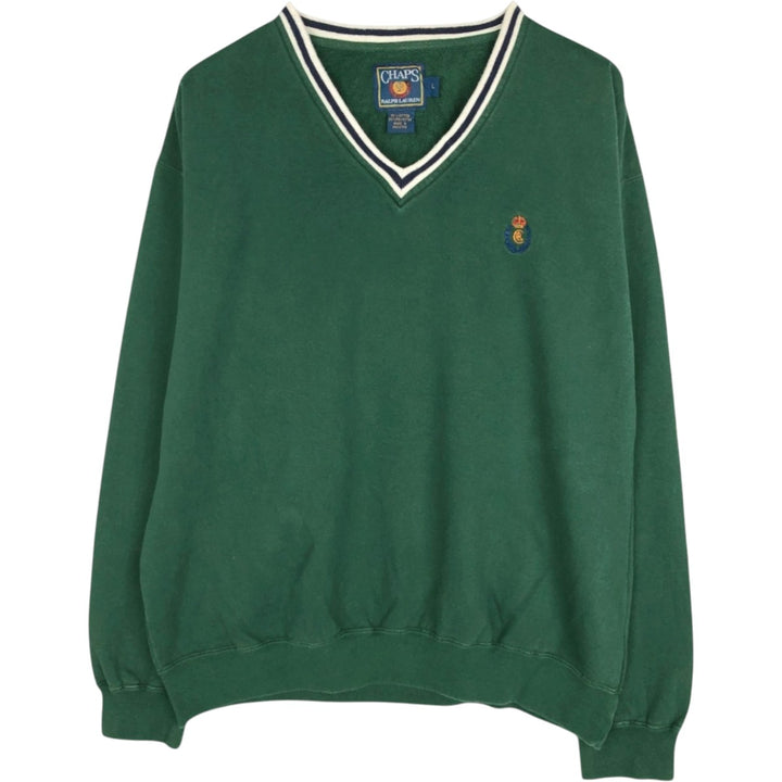 1980'S Ralph Lauren Chaps V-neck Sweatshirt with One-Point Logo, Men's Size L (Equivalent), Vintage cotton green type Vintage Second Hand