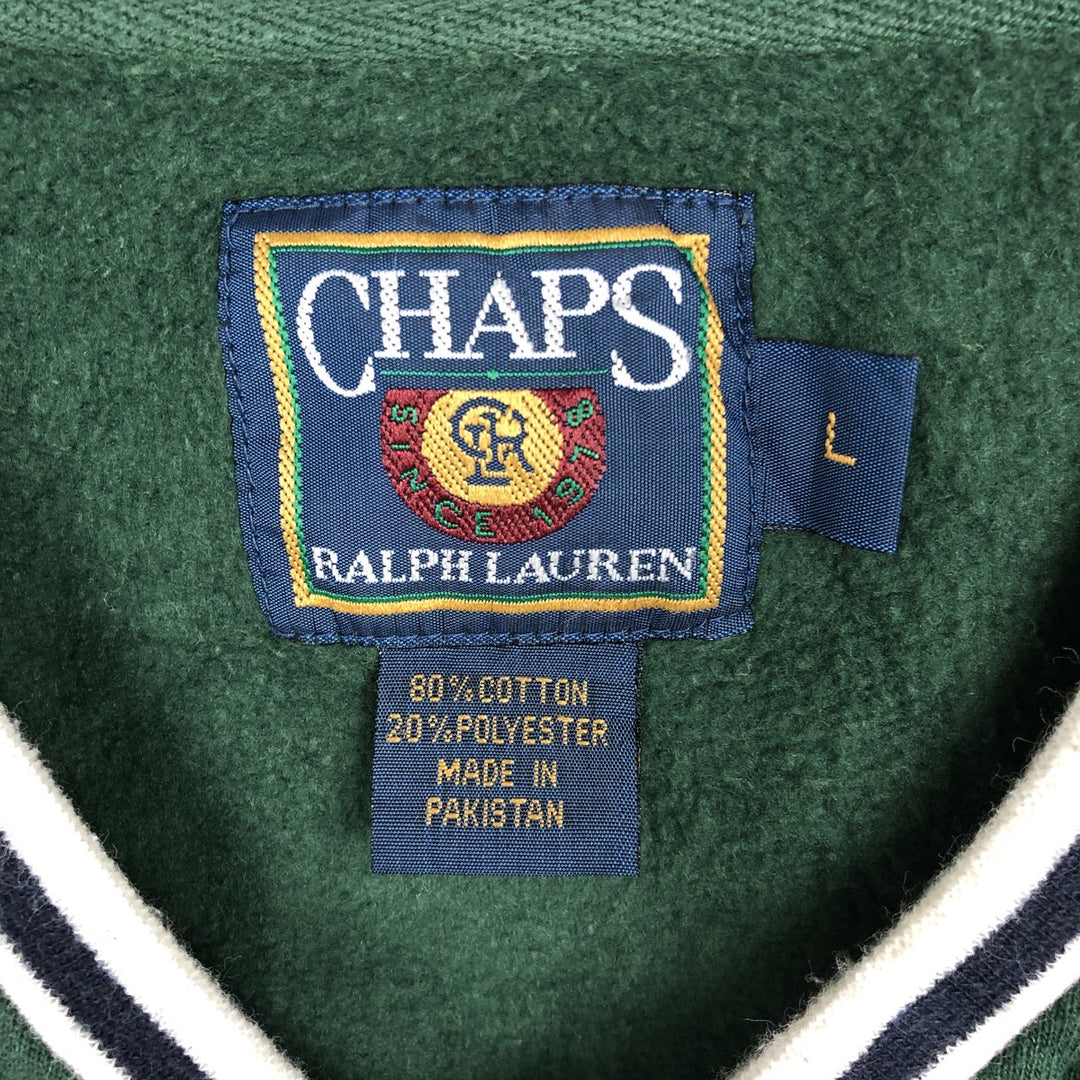 1980'S Ralph Lauren Chaps V-neck Sweatshirt with One-Point Logo, Men's Size L (Equivalent), Vintage cotton green type Vintage Second Hand