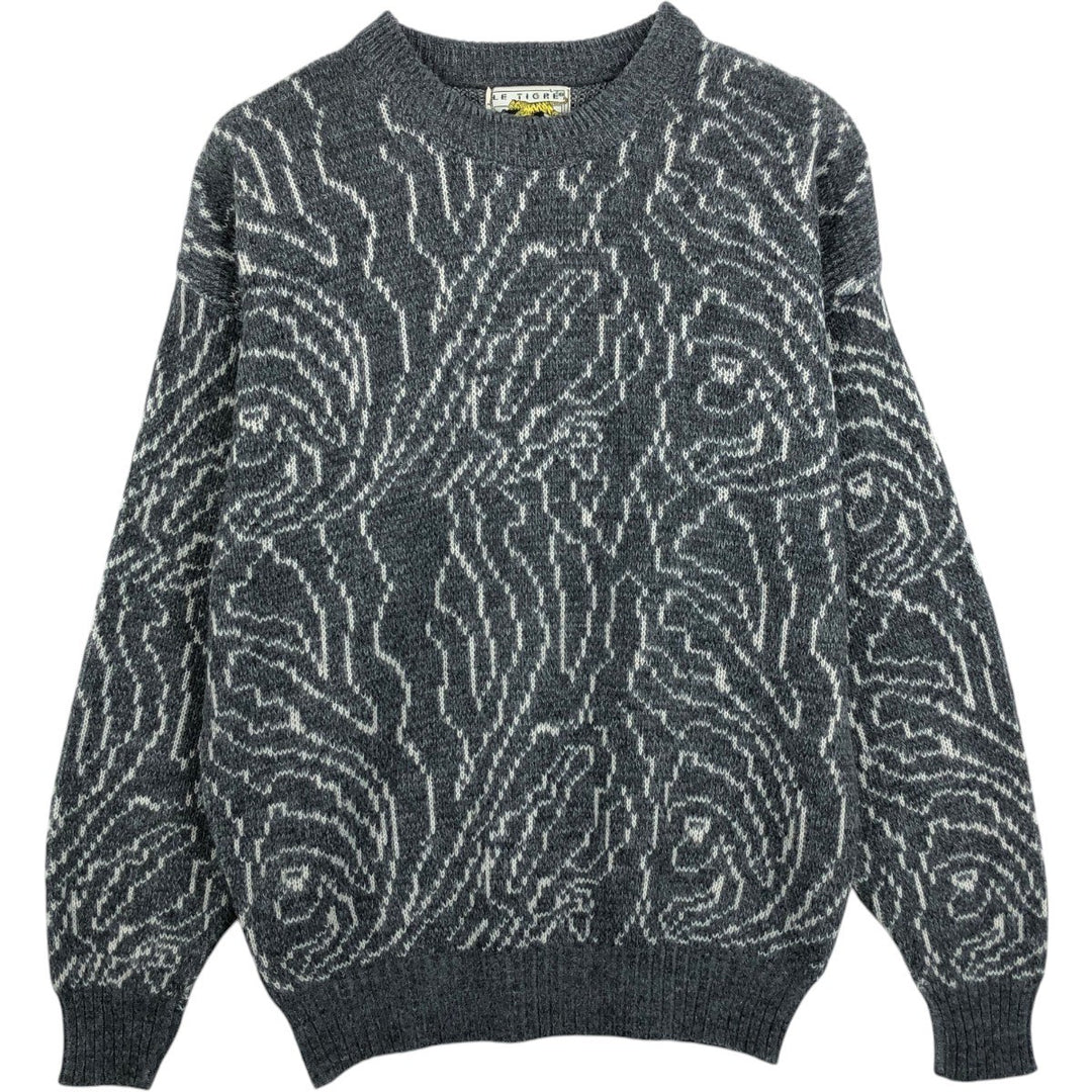 LE TIGRE all-over print acrylic knit sweater, made in USA, men's size L equivalent, vintage. acrylic gray type Vintage Second Hand