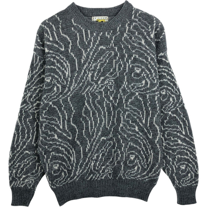 LE TIGRE all-over print acrylic knit sweater, made in USA, men's size L equivalent, vintage. acrylic gray type Vintage Second Hand