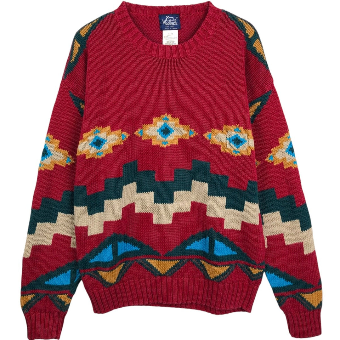 1980'S Woolrich Native Pattern Cotton x Ramie Knit Sweater, Men's Size L (approx.), Vintage Lamy red type Vintage Second Hand