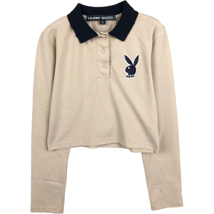 Playboy Missguided cropped long-sleeve polo shirt, women's size XS (approx.) polyester Beige type Vintage Second Hand
