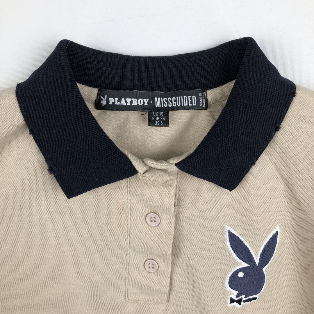 Playboy Missguided cropped long-sleeve polo shirt, women's size XS (approx.) polyester Beige type Vintage Second Hand