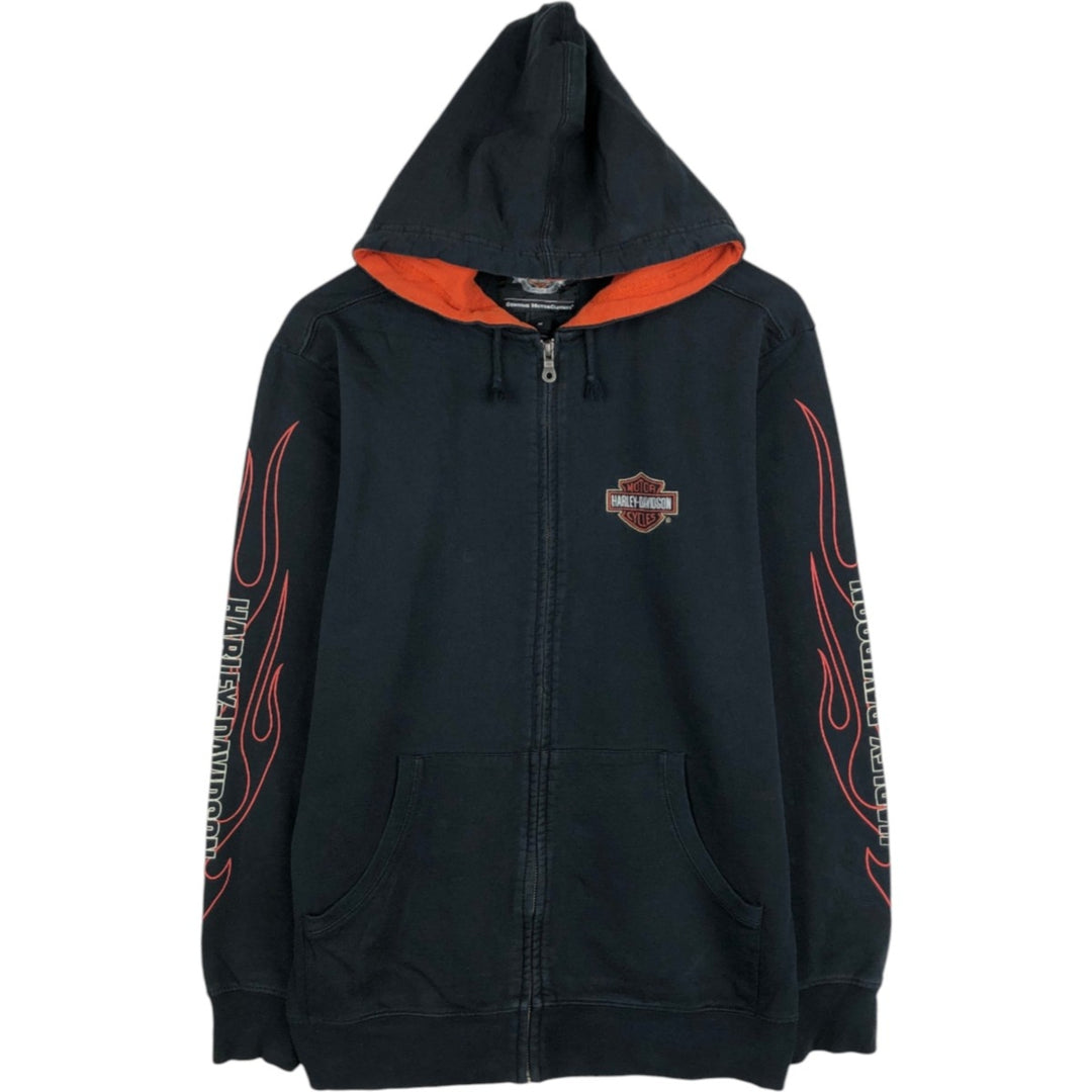 Harley-Davidson Fire Pattern Motorcycle Sweat Full-Zip Hoodie (Women's Size M) cotton black type Vintage Second Hand