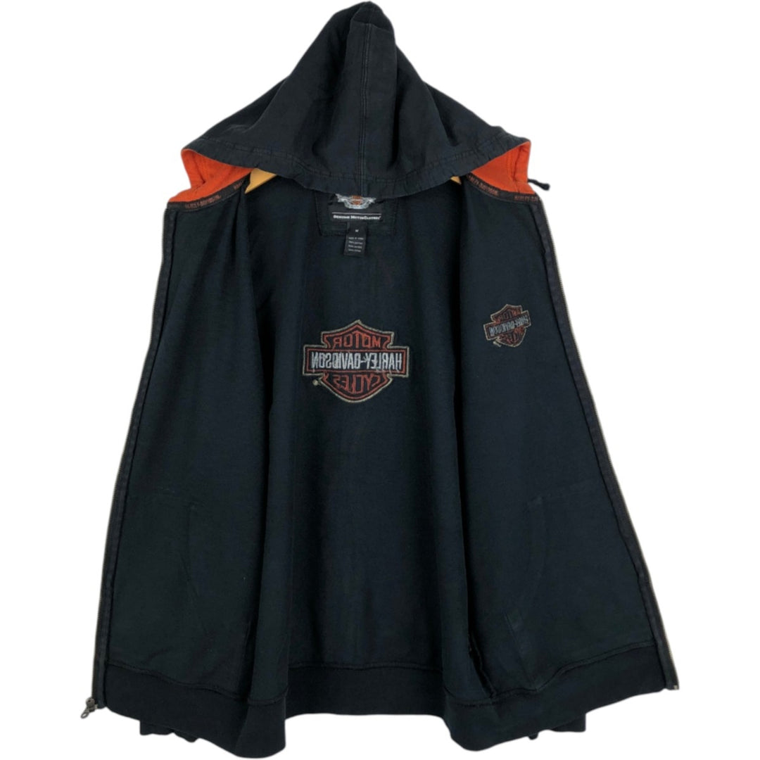 Harley-Davidson Fire Pattern Motorcycle Sweat Full-Zip Hoodie (Women's Size M) cotton black type Vintage Second Hand