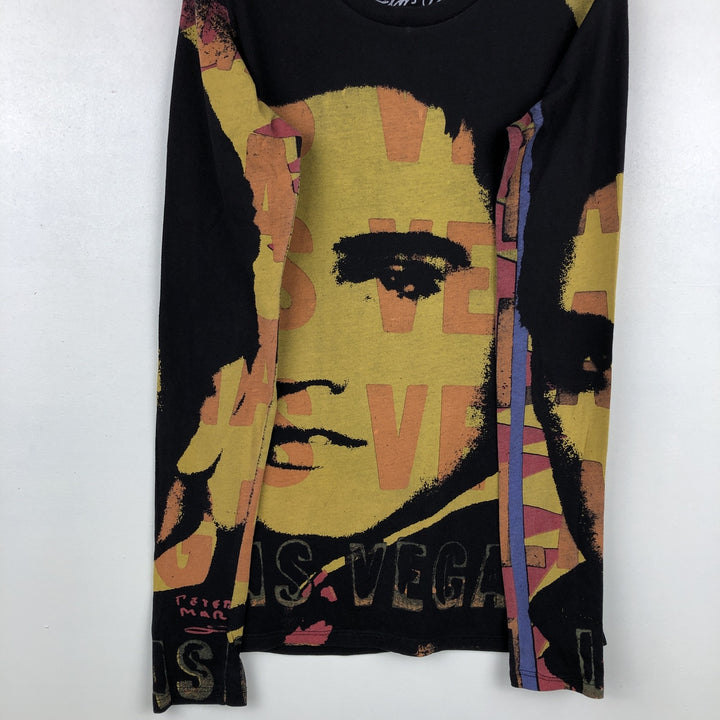 ELVIS PRESLEY Elvis Presley Large Print Long-Sleeve T-Shirt Band T-Shirt Made in USA Women's Size S cotton black type Vintage Second Hand