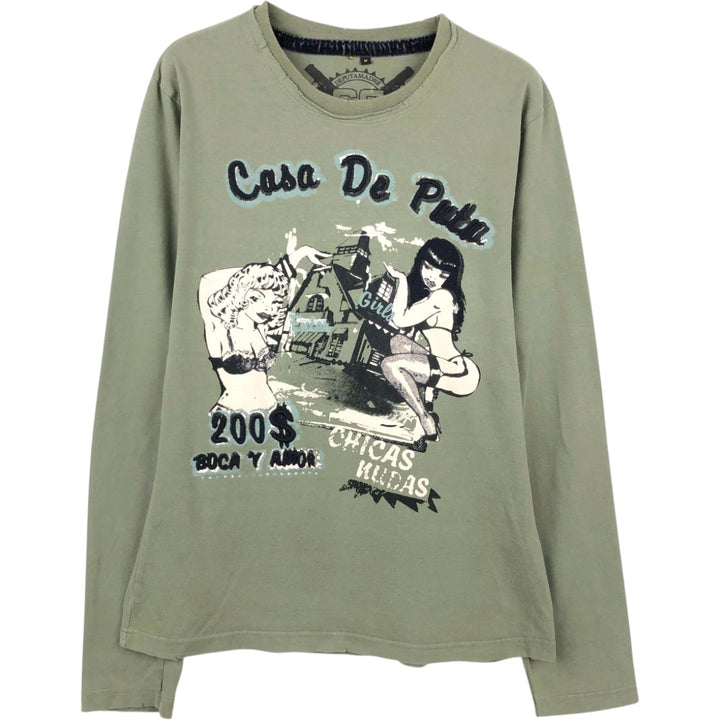 DE PUTA MADRE 69 Pin-up Girl Long-Sleeve T-Shirt (Women's Size M) cotton Khaki type sage green Vintage Second Hand