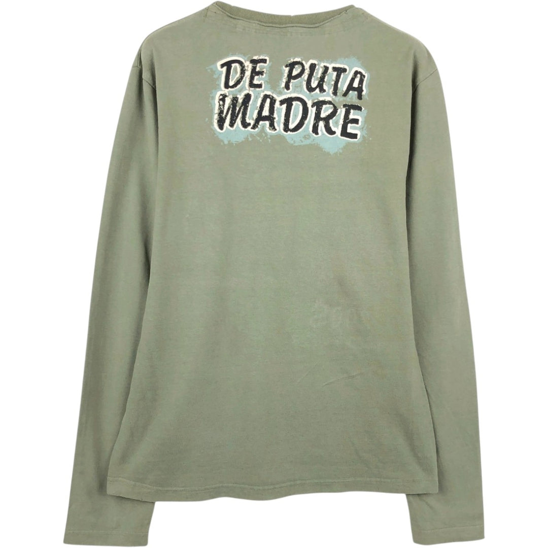 DE PUTA MADRE 69 Pin-up Girl Long-Sleeve T-Shirt (Women's Size M) cotton Khaki type sage green Vintage Second Hand