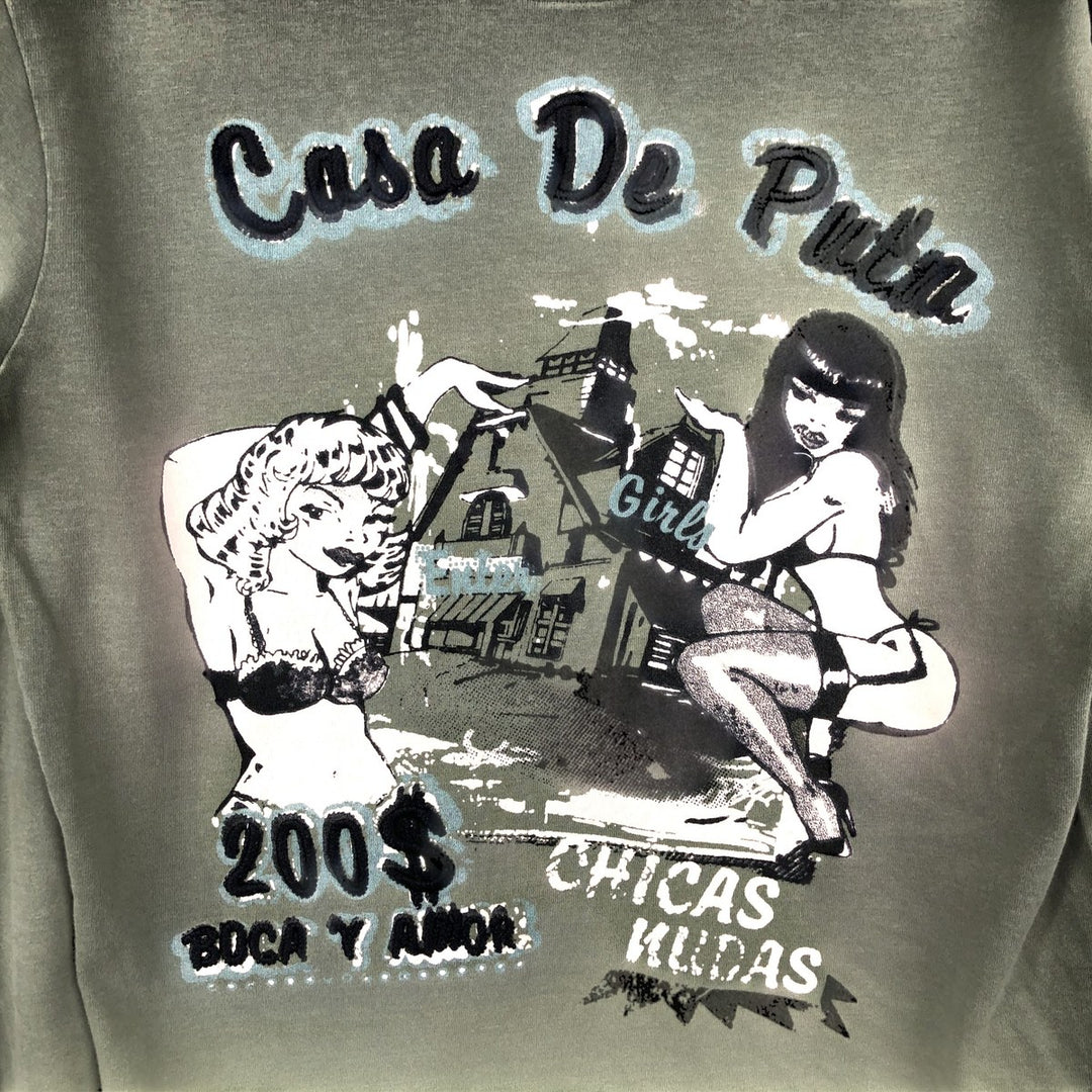 DE PUTA MADRE 69 Pin-up Girl Long-Sleeve T-Shirt (Women's Size M) cotton Khaki type sage green Vintage Second Hand
