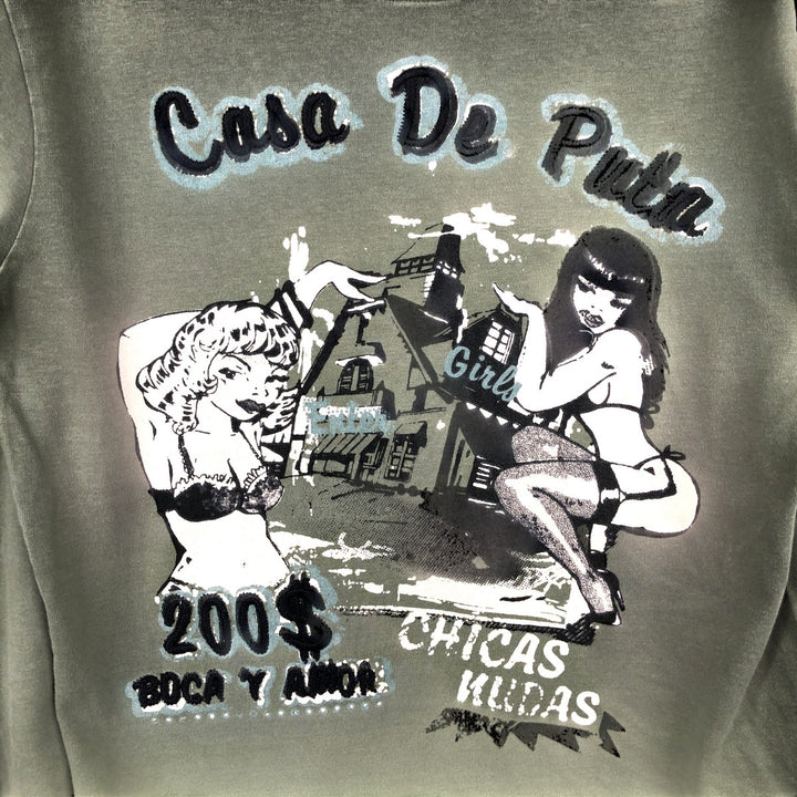 DE PUTA MADRE 69 Pin-up Girl Long-Sleeve T-Shirt (Women's Size M) cotton Khaki type sage green Vintage Second Hand