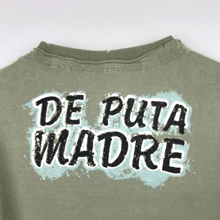 DE PUTA MADRE 69 Pin-up Girl Long-Sleeve T-Shirt (Women's Size M) cotton Khaki type sage green Vintage Second Hand